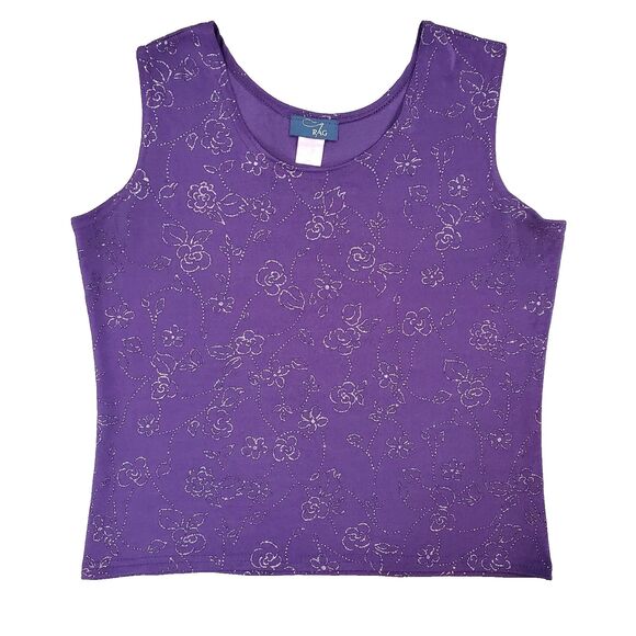 Vintage 90 Y2k Rag Glitter Flower Purple Tank Top L Whimsigoth Fairy Grunge USA - Picture 1 of 7
